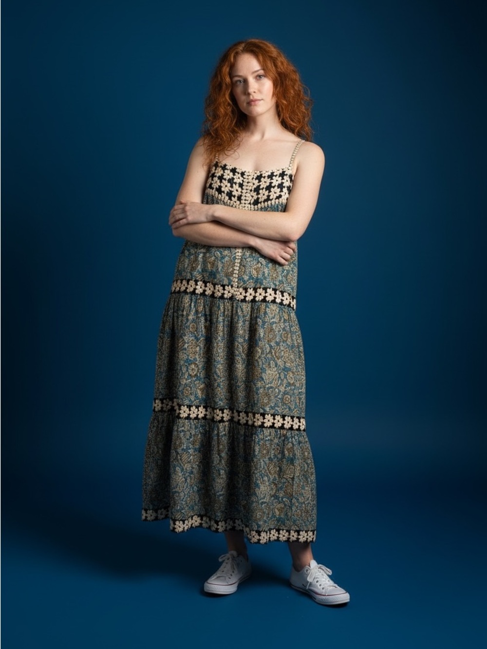NATURAL LIFE Blue Floral Tiered Spaghetti-Strap Dress with Cream Daisy Trim